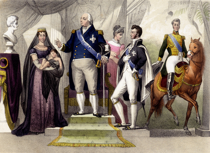 From 1814 to 1830. The Duke and Duchess of Berry, Louis XVIII, the Duke of Bordeaux, the Duchess of Angoulème and Charles X. Engraving of the 19th century.