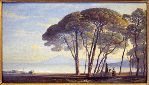 The property is Juan Les Pins (Juan-Les-Pins). Painting by Adolphe Fioupou (1824-1899), oil on wood, 19th century French art. Musee de la Castre, Cannes.