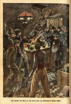 In pursuit of two thieves, Avenue Daumesnil, in Paris, the police find the hiding place of a gang of criminals in one of the cellars of the former prison Mazas demolie, where they store their loot and have been hiding for several months. Engraving in "Le pelerin" 14/04/1901. Selva Collection.