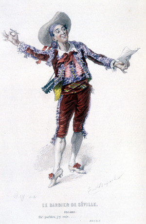 Figaro in “The Barber of Seville” written by Beaumarchais, 1876 (engraving)