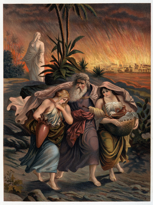 Loth escapes the destruction of Sodom with his two daughters and his wife is transformed into a statue of salt - in “Aurea Bibbia classica: storia della rivelazione divina nell'antico e nel nouvo tesiamento”” by Giovanni Ladislao Sykora (vol. 1), translated by Don Clemente Benetti. (Italian Bible)