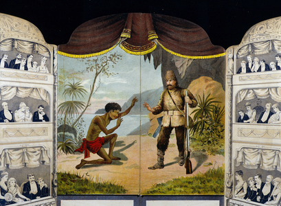 Robinson Crusoe meets Friday, 19th century illustration. Roman by Daniel de Foe or Defoe (1660 - 1731)