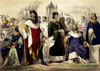 The Capetians from 1270 to 1322. Philip III the Hardi, Philip IV the Bel, Louis X the Hutin, Philip V the Long, Charles IV the Bel. Engraving of the 19th century.