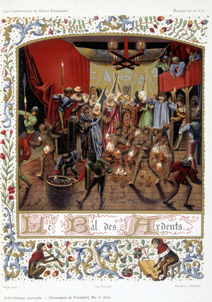 Le bal des Ardents in the chronicles of Jean Froissart, hachette, Paris, France. College simile. In 1393, during this masked ball, several young lords, disguised as savages, were accidentally burned alive. King Charles VI attended the ceremony.