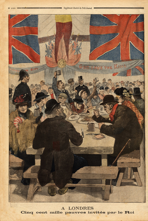 Five hundred thousand poor invited to a banquet by King Edward VII (1841-1910), this banquet originally prepared for the festivities of the coronation, which was postponed because of illness, was kept for the demunis, so they are attable in the parks of London, under British flags. Engraving in "Le petit journal" 27/7/1902. Selva Collection.