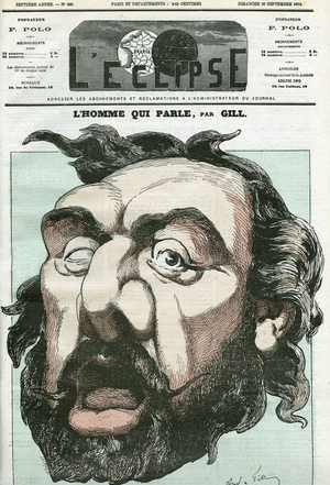 Cartoon of “the man who speaks””, Leon Gambetta (1838-1882), French politician. Cover in “” L'Eclipse”” by Gill, September 20, 1874, Paris.