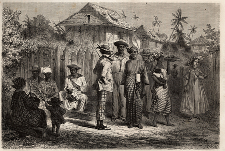 Types d'indigenes de Cayenne ( Guyane francaise), les femmes vetues de gaule ( robe nouee) de madras et coiffees de turbans colores, les hommes ont adopte le costume occidental. Gravure pour illustrer le voyage dans la Guyane francaise en 1862-1863, de Frederic Bouyer, capitaine de fregate, in ""Le tour du monde, nouveau journal des voyages"", publie sous la direction d'Edouard Charton, 1866, Paris. Collection Selva. 