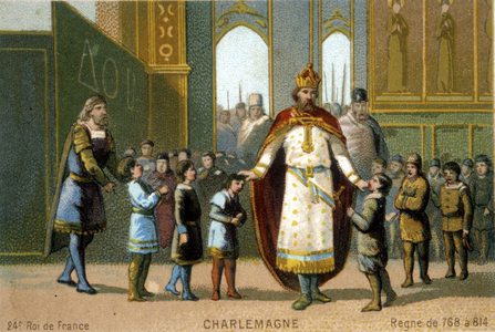 Charlemagne visite une école - chromolithographie du 19eme siecle. 