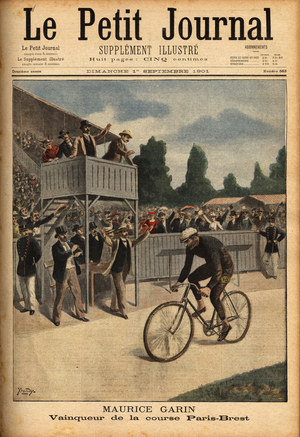 The winner of the international bike race between Paris and Brest (1200 km), Maurice Garin, passes the finish line in the stadium of Brest, whose stands are filled with spectators who cheer him. Engraving in "Le petit journal" 1/9/1901. Selva Collection.