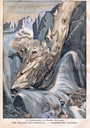 In Norway, a cliff decks and swallows the village of Nesdal, causing several victims,  in " Le Petit Parisien””, on the 05/02/1905 (engraving)