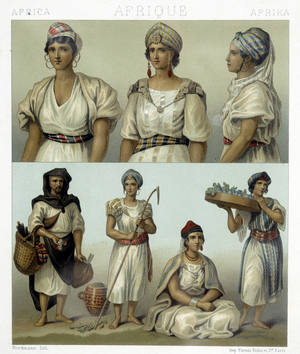 Costumes and headdresses of kabyl women (top). Tunisian and Algerian costumes (bottom). Illustration in “” Le costume historique”” by Racinet, 1876.