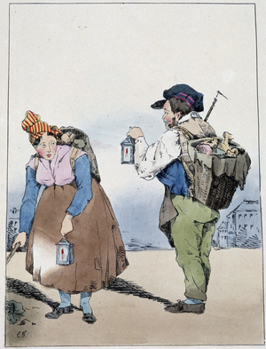Lantern carrier, rue Mouffetard - in “” Souvenirs d'un loâneur”” by Eugène Forest, ed. Delpech, Paris, v.1830