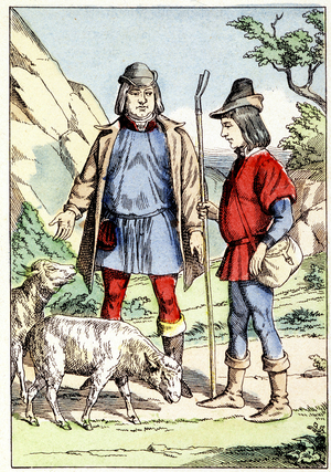 Tale: "The flute and the cotteau enchanted": the owner of the herd of sheep and the shepherd. Ill. from the beginning of the 20th century.