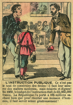 Public education, illustrating the benefits of the Third Republic for the development of education in schools. Engraving, in “” Le Figaro, supplement””, on 30/03/1889, Paris. Coll. Selva.