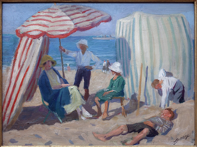 On the beach. Painting by Lucien Jonas (1880-1947), oil on wood 1920, French art, 20th century. Musee la piscine, Roubaix.