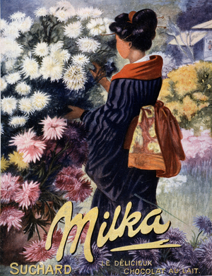 Advertising of Suchard chocolate "Milka" (a Japanese woman dealing with Chrysanthemums)