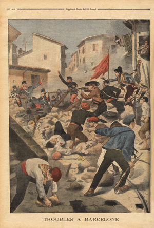 Barricade in the streets of Barcelona, touched by serious orders, since the decision of a strike in the port of the city, the anarchist and Carlist agitators joined the grevists and together they transformed the initial movement into a true emeute, the civil guards harshly repressed the ripers, causing many deaths. Engraving in "Le petit journal" 9/3/1902. Selva Collection.