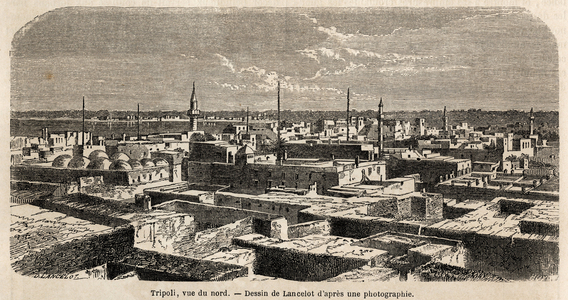 General view of Tripoli, drawing by Lancelot, to illustrate the Tripolitan walks, in 1860, of the Baron de Krafft. Engraving in “” Le tour du monde”” 1861. Selva's collection.