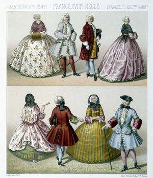 Men and women wearing fashionable 18th century costumes in France. Illustration in “” Le costume historique”” by Racinet, 1876.