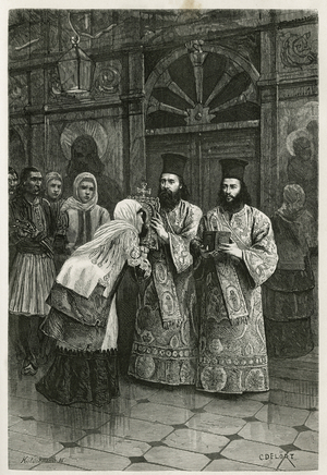 Pritres donnant a baiser les images saintes, engraving by Ch.Delort, to illustrate Henri Belle's voyage to Greece in 1861,1868 and 1874, published in the tour du monde, under the direction of Edouard Charton, 1879, Paris. Selva Collection.