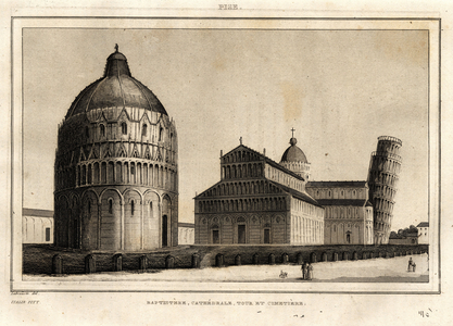 The baptistere, the cathedrale, the tower and the cemetery of Pisa, (Pisa) engraving by Labrouste, in “” Picturesque Italy””, Amable Coste editor, 1836.