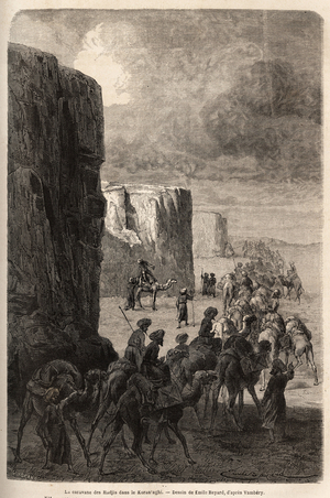 The caravan of the Hajis (Muslim pelerins) in Korantaghi (Persia, Iran). Drawing by Emile Bayard (1837-1891), to illustrate the journey to Central Asia, in 1863, by Arminius Vambery (Hungarian scientist disguise in dervish). Engraving in “” Le tour du monde””, edited by Edouard Charton, 1865. Selva's collection.