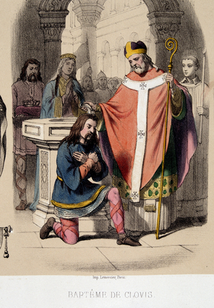 Bapteme of Clovis 1er in the Cathedrale of Reims on 25 December 496, by Saint Remi, eveque of Reims.