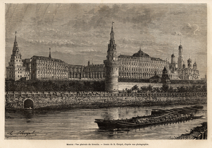 General view of the Kremlin, the geographic center of Moscow and the political center of Russia, the neighborhood built in the 14th century has always been expanded and restored throughout the country's historical peripeties. Engraving to illustrate La Russie libre, by William Hepworth Dixon, in 1869, published in “” Le tour du monde””” 1872, edited by Edouard Charton, Hachette edition, Paris. Selva Collection.