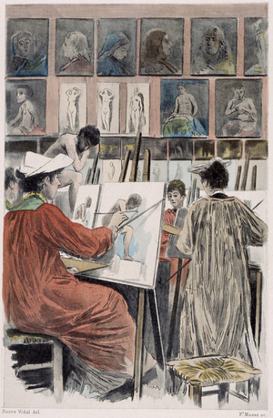 Les paintresses: atelier de dames - in “" Nos contemporains "” by Pierre Vidal, 1894 (engraving)