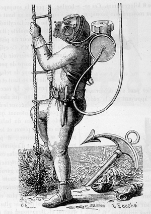 Diver coated with rubber clothing and regulator tank - in “” The wonders of science””, by Louis Figuier, 19th century