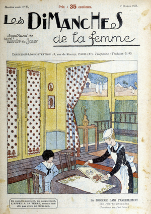 Embroidery in furniture. Illustration for the cover of the newspaper "Les Sundays de la femme" of October 1923.
