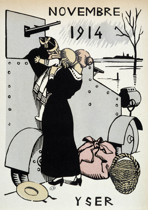 Nov.1914: Yser, le départ des troupes - in “” Calendar of War””, drawing by Herman-Paul, ed. 1916