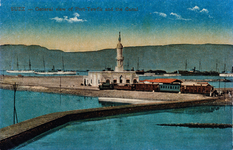 General view of Tewfik Harbour and Suez Canal - color postcard