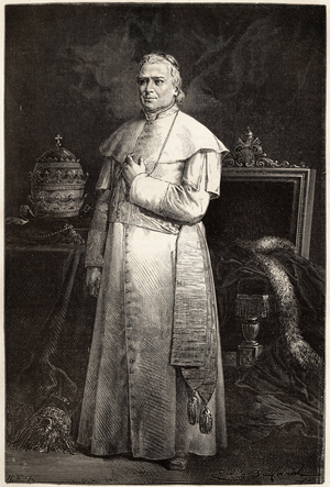 Portrait du pape Pie IX ( Giovanni Maria Mastai Ferretti, 1792-1878). Gravure pour illustrer le recit de la semaine sainte a Rome, en 1863, par Ludovic Celler, in ""Le tour du monde, nouveau journal des voyages"" publie sous la direction d'Edouard Charton, 1867, Paris. Collection Selva. 