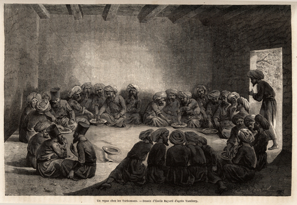 Un repas chez les turkomans (Irak). Dessin de Emile Bayard (1837-1891), pour illustrer le voyage dans l'Asie Centrale, en 1863, par Arminius Vambery ( savant hongrois deguise en derviche). Gravure in ""Le tour du monde"", sous la direction d'Edouard Charton, 1865. Collection de Selva. 