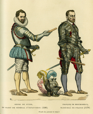 Portraits of Henri I de Guise, known as the Balafre (1549-1588) in the coat of infantry general in 1580 and of Francois de Montmorency (1530-1579), marechal of France around 1576. Colour engraving, in “France et les francais a travers les siecles”” by Augustin Challamel, F.Roy editor, Paris 1882. Selva Collection.