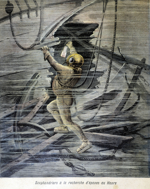 Scaphandrier looking for wrecks in Le Havre. illustration of the “Petity Journal”” of 1892.