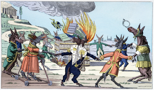 The phoenix reborn from his ashes. The phoenix is the encyclopedia of Voltaire, Rousseau and 18th century philosophers. All around the butcher, on which the works of the encyclopedists burn, donkeys symbolizing the spirit of reaction, turns in circles.