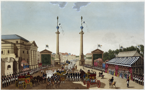 The Saint-Denis barrier at the handover of keys to Louis XVIII on 3 May 1814 - in “” Vues de Paris”” by Courvoisier 1827