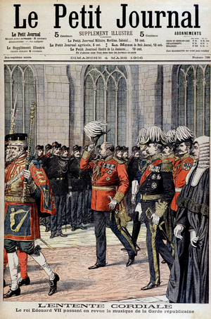 The cordial: King Edward VII reviewing the music of the Republican Guard, couv. 'Le Petit Journal', of 4/03/1906