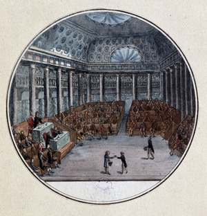 Coup d'etat du Tiers-Etat: “” The deputes of the Communes formed themselves alone in the National Assembly, against the wishes of the deputes of the Noblesse and the Clerge who held in two chambers on 17 June 1789””” Engraving by Jacques-Francois Joseph Swebach-Desfontaines Paris, Musée Carnavalet