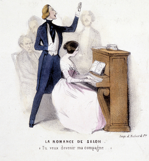 La romance de salon: homme chant accompaniment au piano par une femme, par Lonsay, c. 1845.
