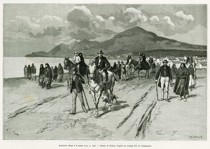 Islanders going to mass. Engraving by Tofani, to illustrate the story Trois mois en Irlande, in 1889, by Marie anne de Bovet, in le tour du monde 1890, directed by Edouard Charton (1807-1890), Hachette, Paris.