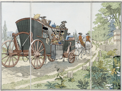 Public transport: the coche from Paris to Versailles. In “” the locomotion through the ages”” by Octave Uzanne. Paris, 1900. Illustration by Eugène Courbouin.