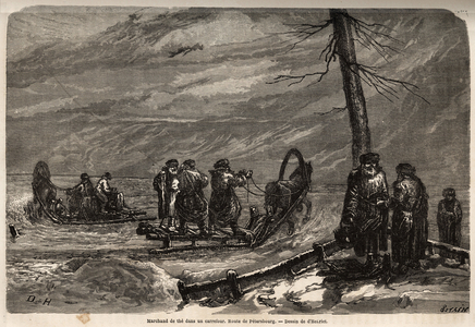 Merchant of the ambulant, has a snow crossroads of the road to St. Petersburg. Drawing by Henriet, to illustrate his trip to the Russian Baltic provinces in 1851-54. Engraving in “” Le tour du monde””, edited by Edouard Charton, 1865. Selva's collection.