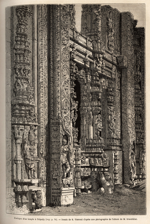 The portico carved of a temple in Tripetty (or Tirupati, in Andhra Pradesh), an important place of Hindu pilgrimage. Engraving to illustrate the journey to the meridional provinces of India, by Alfred Grandidier, in 1862-1864, published in “” le tour du monde”, under the direction of Edouard Charton, Hachette, Paris 1869.Collection 1869.Collection Selva.