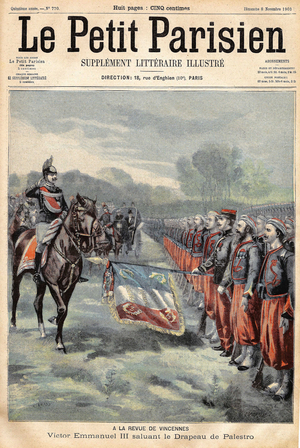 Victor Emmanuel III (Victor-Emmanuel) (Vittorio Emanuele) en visite a Paris, passe en revue les troupes de Vincennes et salue le drapeau de Palestro. Gravure in ""Le Petit Parisien"", le 08/11/1903.