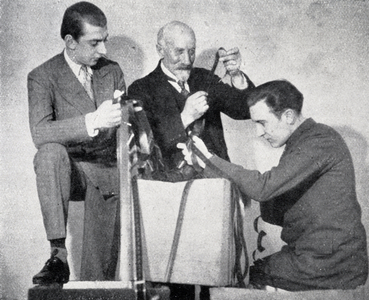 Georges Melies in 1929 rediscovering films with J.P. Mauclaire and Paul Gilson, 1945 (print)