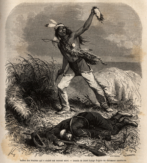 A prairie Indian, waving the scalp of his dead enemy., 19th century (engraving)