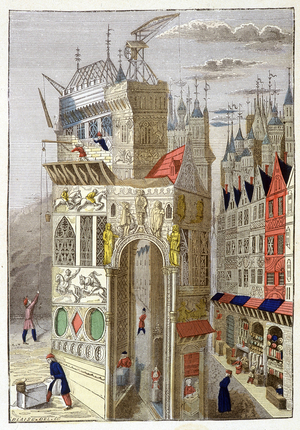 View of a rue de Paris in the 15th century, with its half-timbered houses and a church under construction.